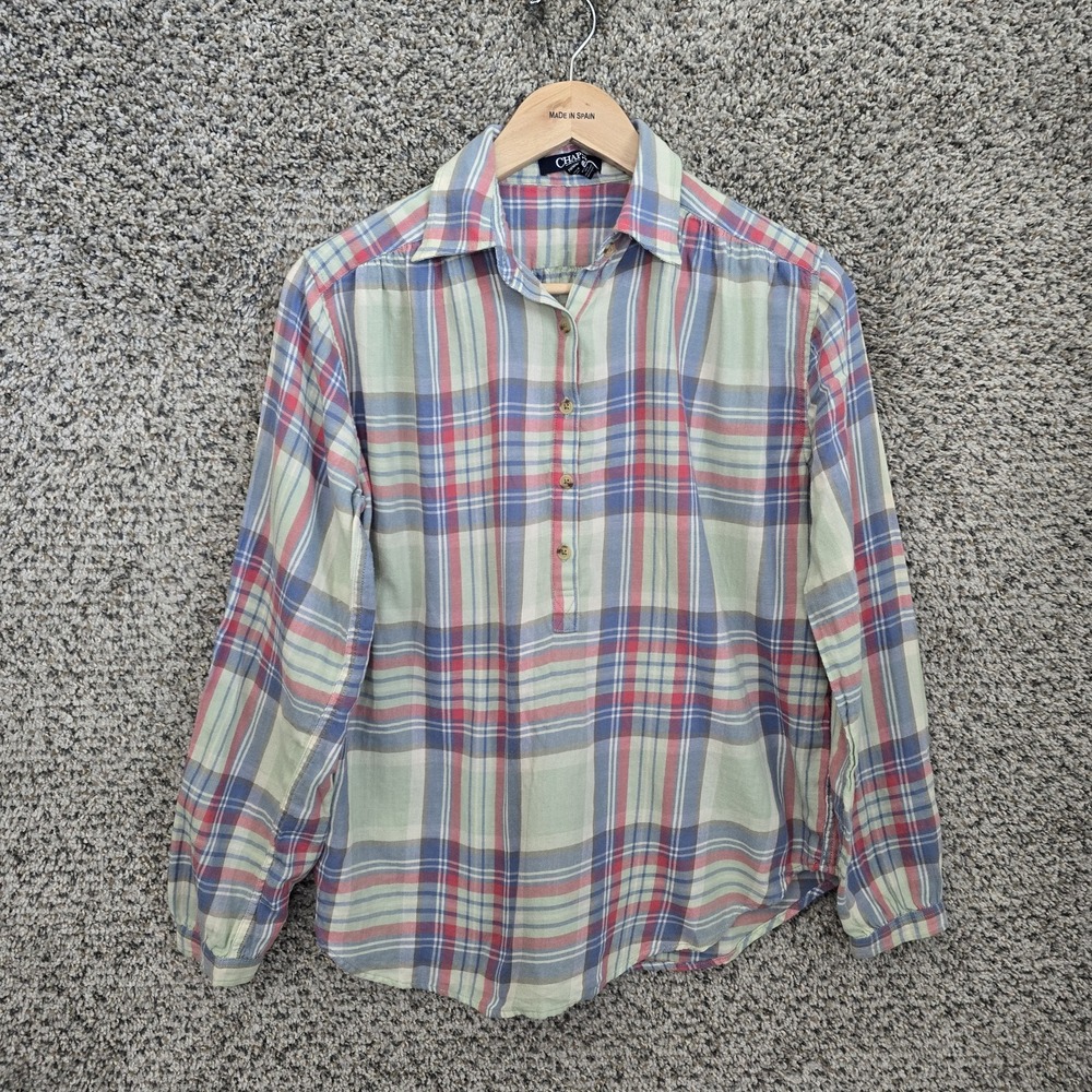 Chaps Top Womens PM Petite Medium Blue Plaid Popover Blouse Casual Ladies‎
